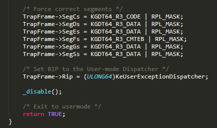 Setting instruction pointer to the user mode dispatcher