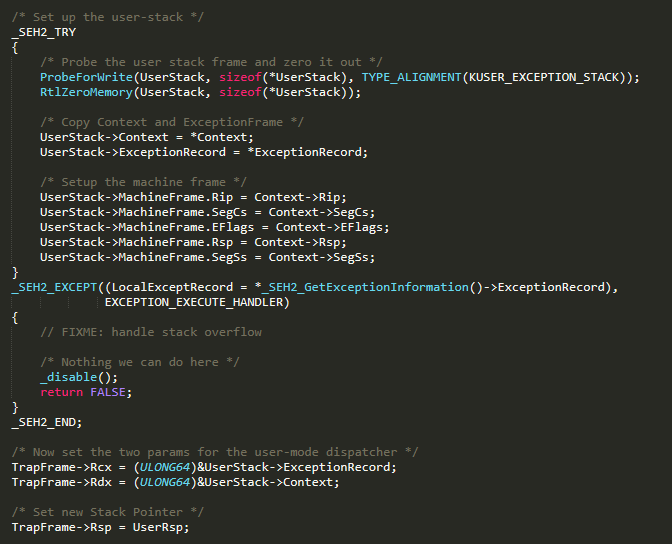 Writing exception record and context to the user stack