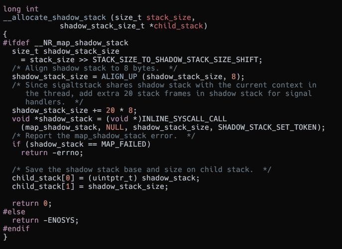 Shadow stack allocation function