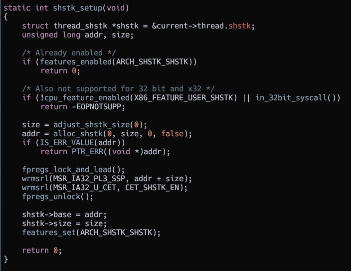 Shadow stack setup